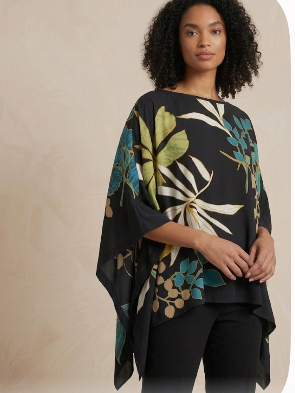 Chico's Black Blouse with Teal, Gold & White Leaf Print